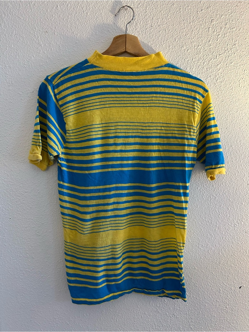 Vintage 70s Striped Ringer T Shirt Yellow Blue Acrylic - Picture 3 of 3